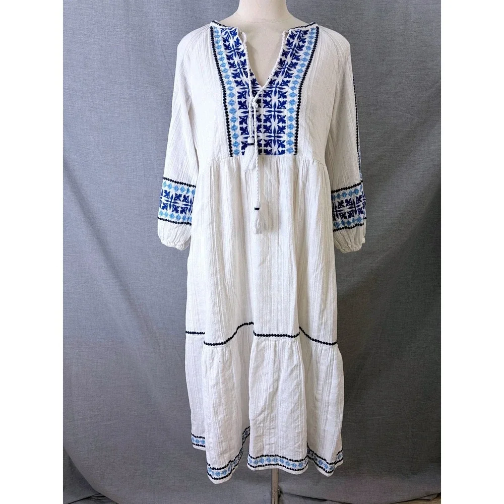 Tommy Bahama Womens White Blue Embroidered Cotton‎ Gauze Midi Dress Oversized XS